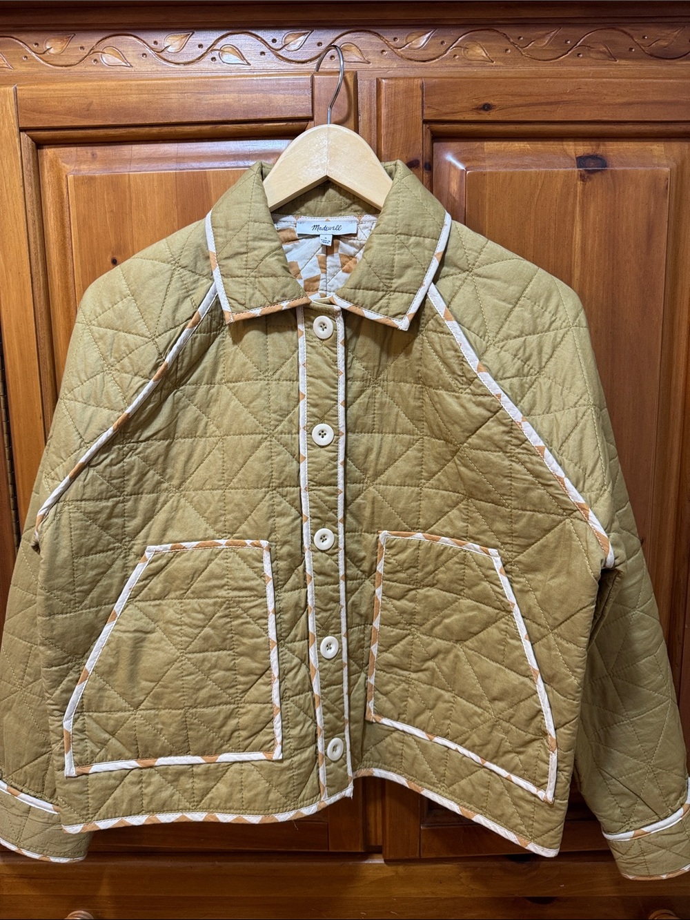 Madewell Quilted Boxy Crop Jacket in Olive-Tan with Contrast Trim